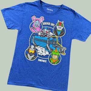 Fortnite T Shirt Mens XS Blue Squad Up Battle Bus Graphic Gaming Crewneck Tee